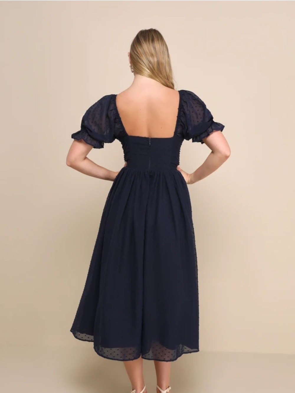 NWT Lulus Flawless Elegance Navy Swiss Dot Puff Sleeve Bustier Midi Dress L - Picture 4 of 16
